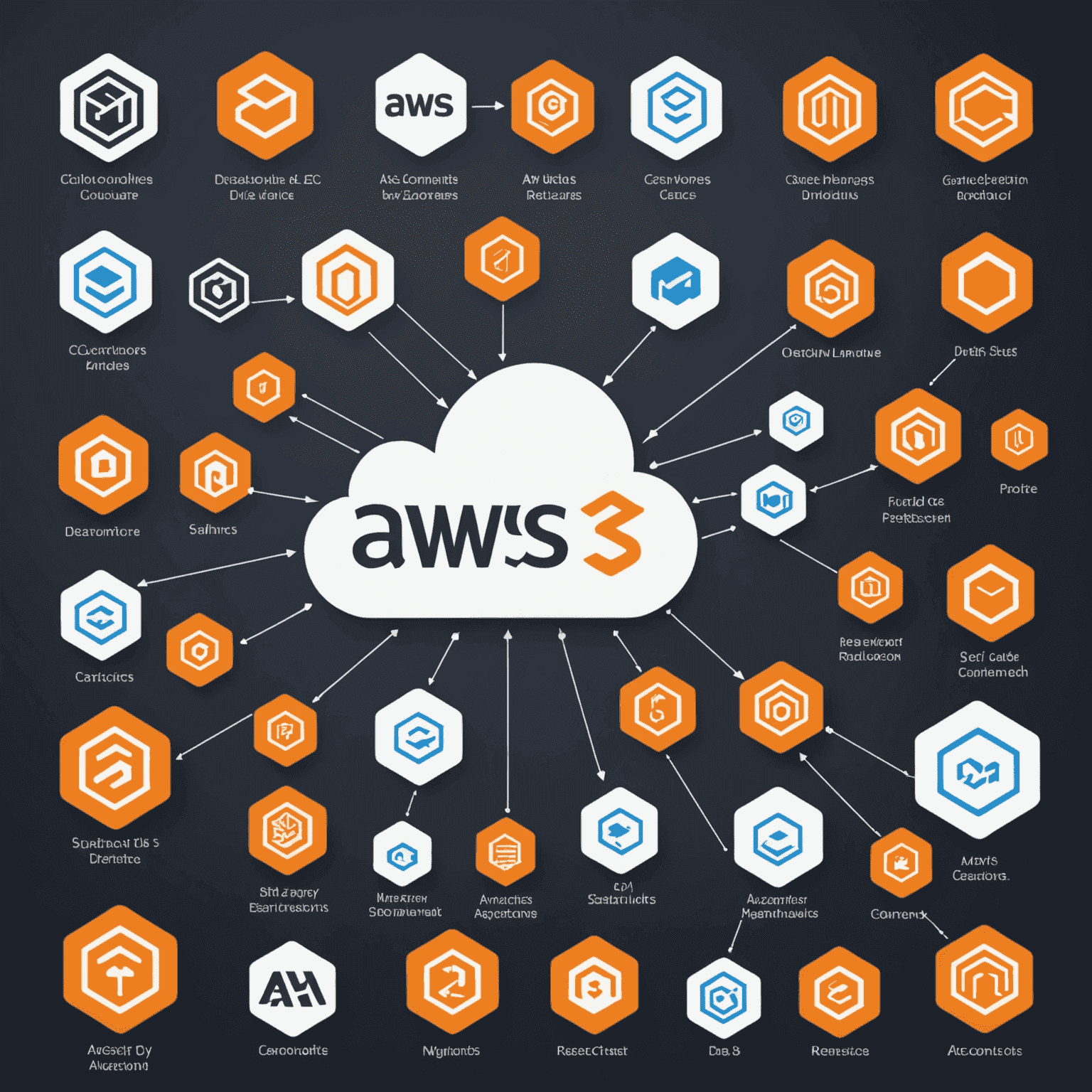 Diagram przedstawiający różne usługi AWS, w tym EC2, S3, Lambda i RDS